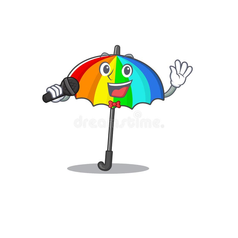 Cute Rainbow Umbrella Sings a Song with a Microphone Stock Vector