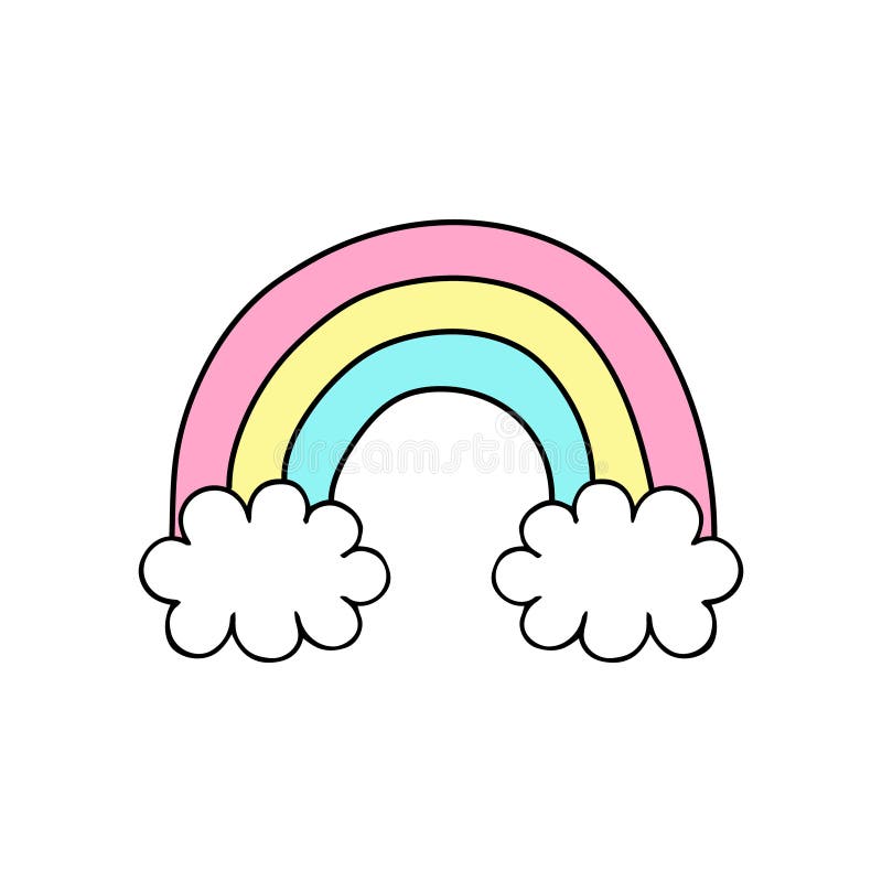 Cute hand drawn colorful rainbow with clouds