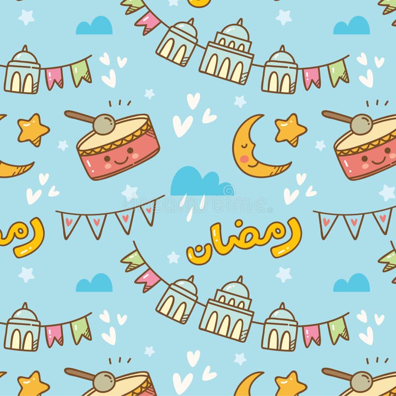 Cute Ramadan Doodle Seamless Pattern Stock Illustration Illustration