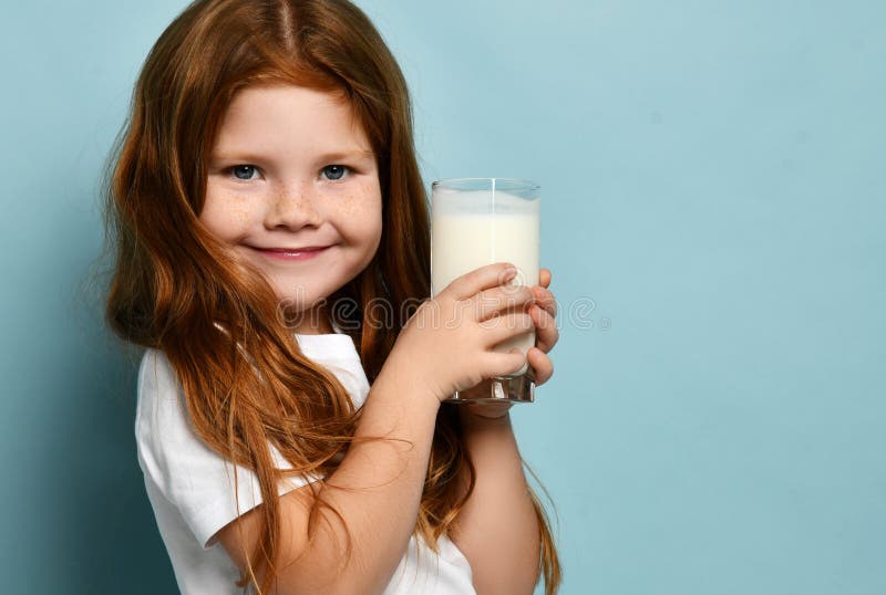 Cute Red Hair Girl Child Kid Drinking Milk or Kefir Yogurt Joyfully Smiling  on Light Blue Background. Health and Diet Stock Image - Image of drink,  dairy: 208413949
