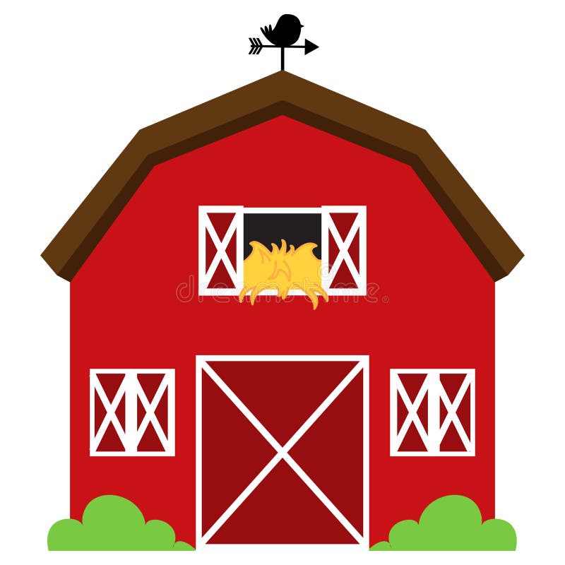 Cute Red Vector Barn with Hay, Weather Vane and Bushes