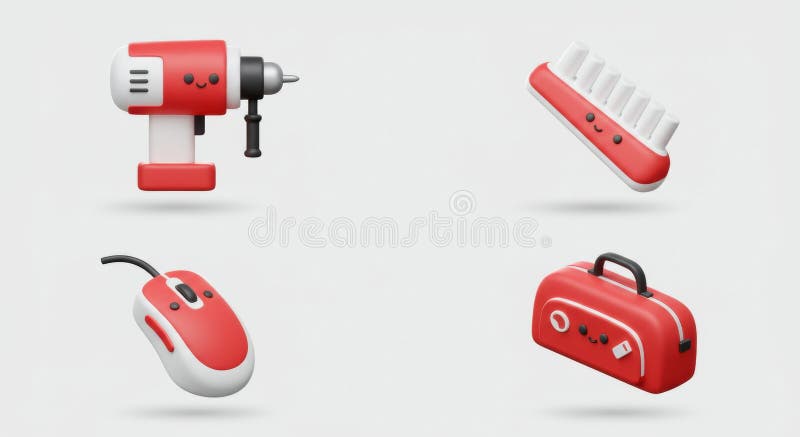 Cute red and white 3d tools and accessories set vector illustration