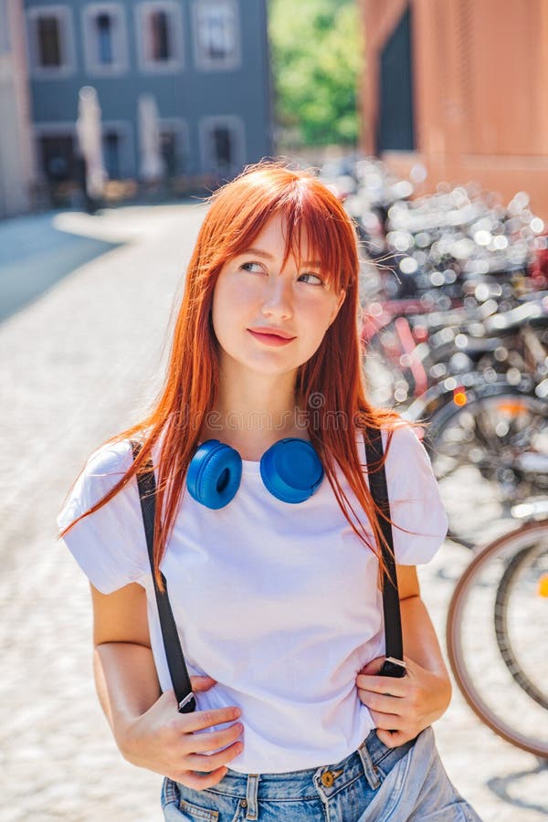 Cute Redhead Girl Having Fun On Street Near Bikes Stock Image Image