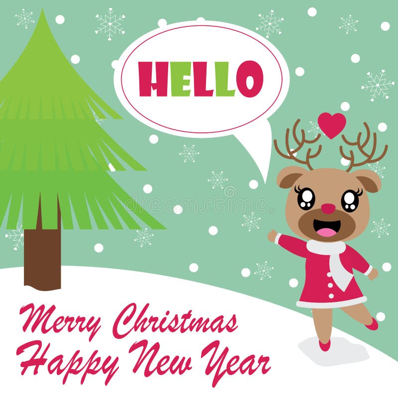 Cute Deer and Snowman Vector Cartoon on Snow Background, Xmas Postcard ...