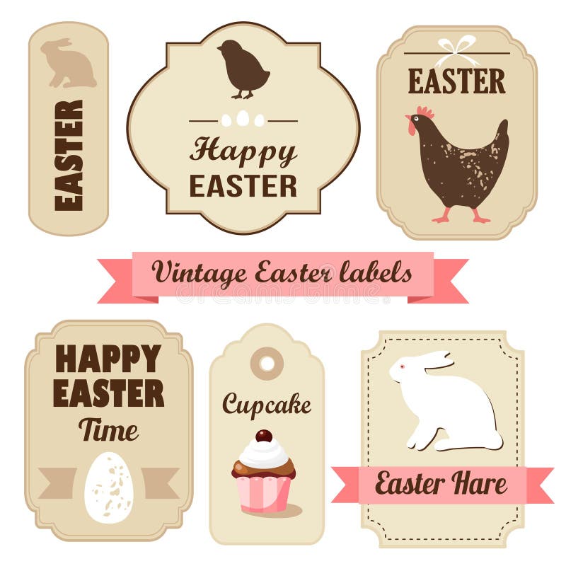 Cute retro easter set of labels with eggs, chicken vector illustration