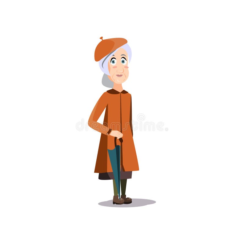 Cute retro fashion old woman in brown coat and blue umbrella walking in park. Cartoon style. Vector illustration on white background