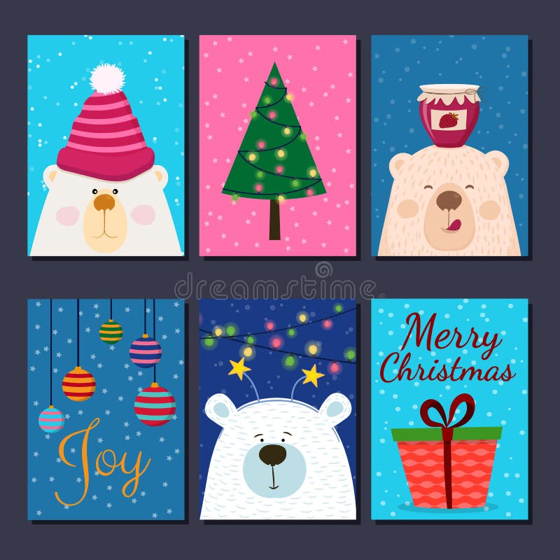 Cute retro hand drawn cards with funny Bear, fir tree, present, balls. For winter holidays, Christmas, New Year. stock illustration Cute retro hand drawn cards with funny Bear, fir tree, present, balls. For winter holidays, Christmas, New Year. stock illustration
