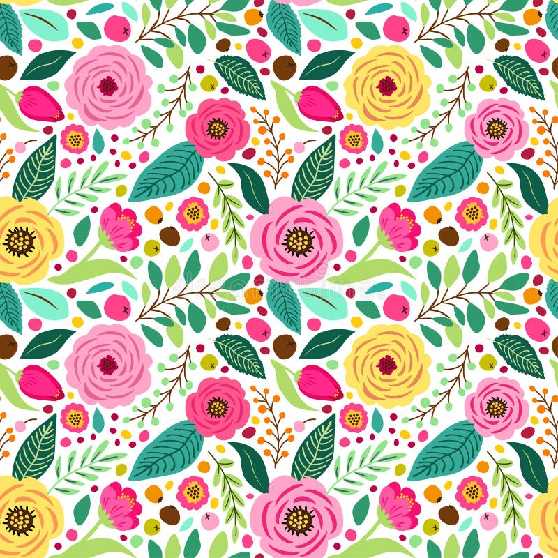 Cute retro seamless pattern with hand drawn rustic flowers vector illustration