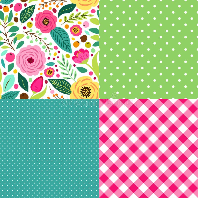 Cute retro set of seamless patterns with hand drawn rustic flowers stock illustration