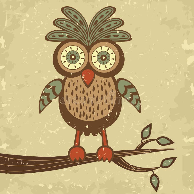 Cute retro style owl on a branch stock illustration