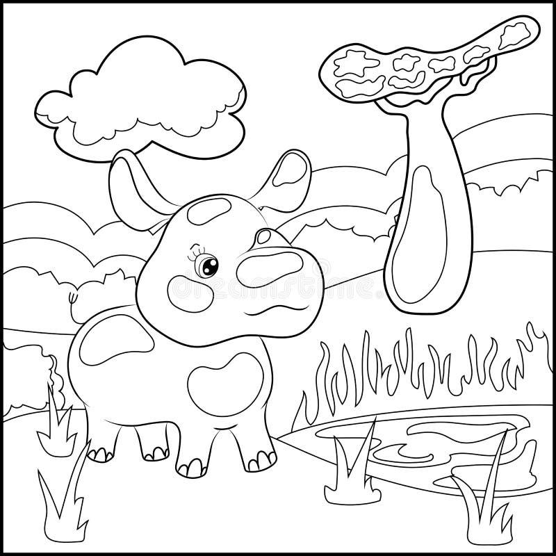 Cute Rhinoceros In African Landscape Children Coloring Page Illustration Wild Nature Scene With Funny Rhino Stock Vector Illustration Of Baby Cute 152725860