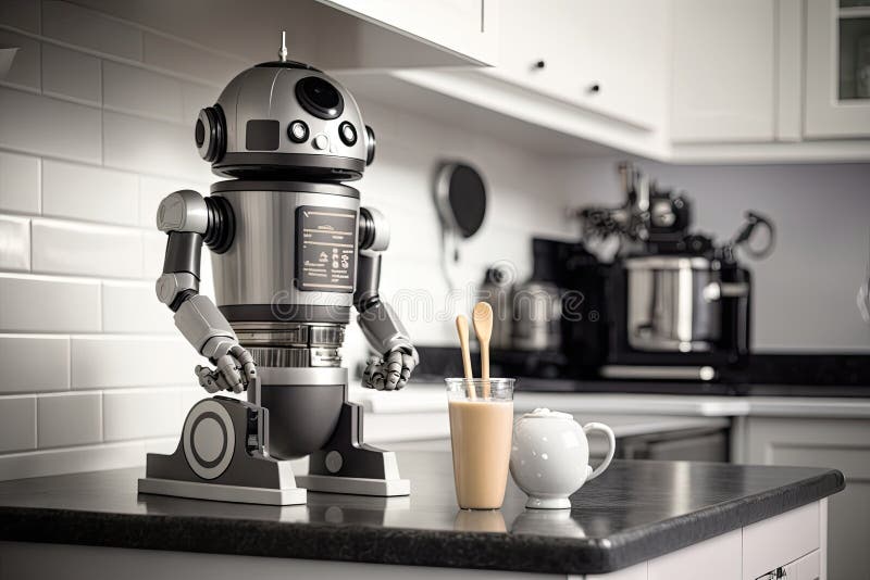 Cute robot assistant making smoothie in sleek, modern kitchen stock illustration