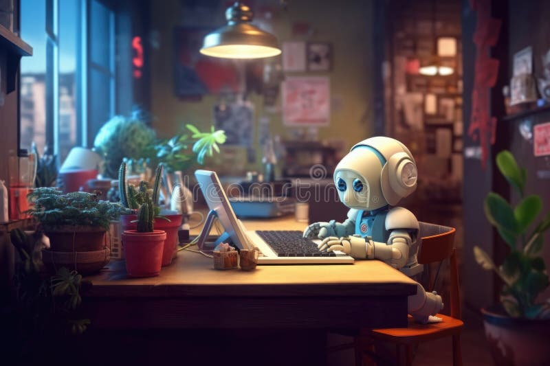 Cute robot in a cafe typing on a laptop keyboard royalty free illustration