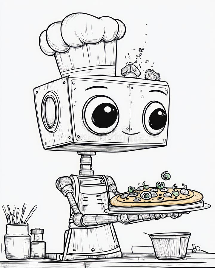 Robot Chef with Pizza stock illustration