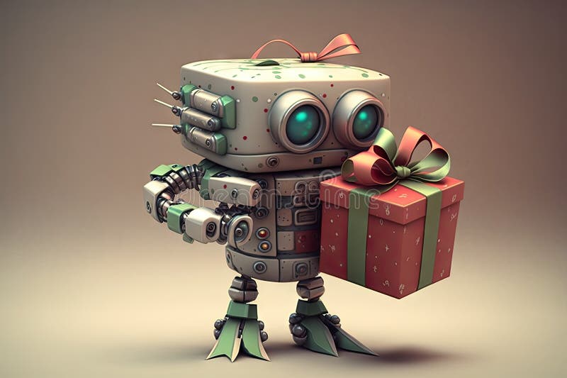 Cute robot with gift box and a bow, bringing holiday cheer vector illustration