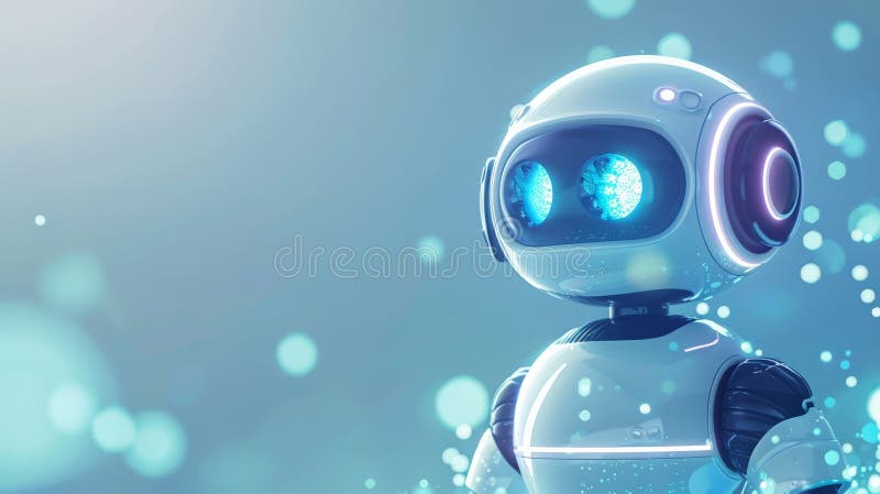 Cute robot with glowing blue eyes and a bokeh background. Represents futuristic robotics and artificial intelligence in stock images