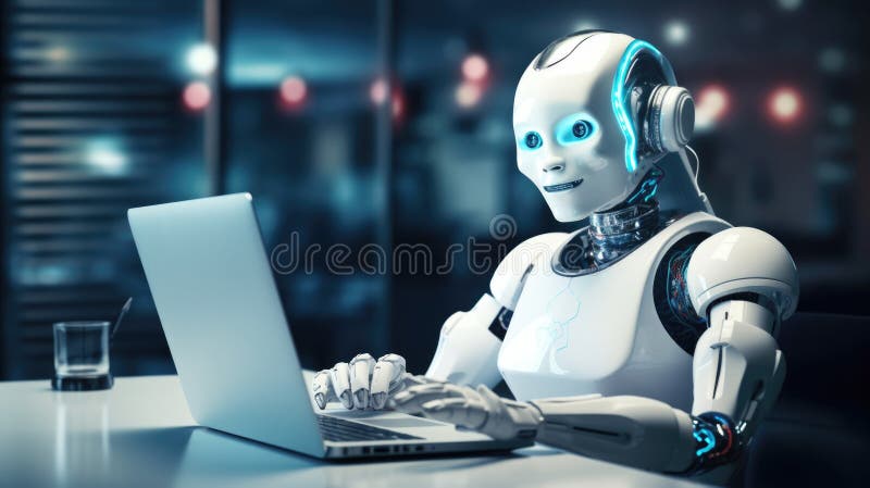 Cute robot with headphones working at a computer in futuristic office stock illustration