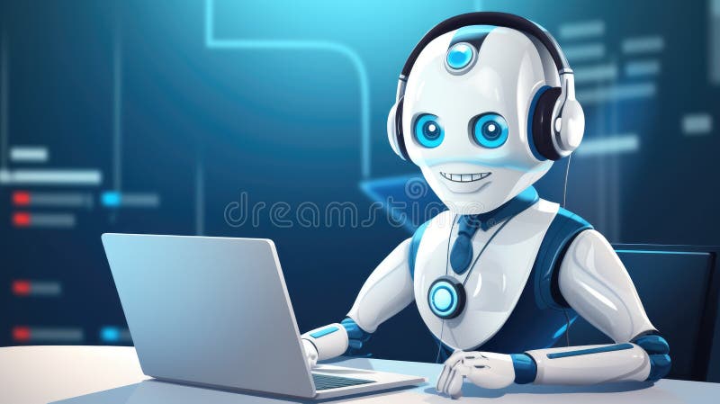 Cute robot with headphones working at a computer in futuristic office vector illustration