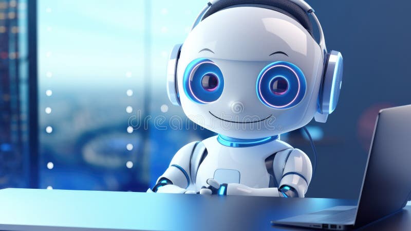 Cute robot with headphones working at a computer in futuristic office royalty free illustration