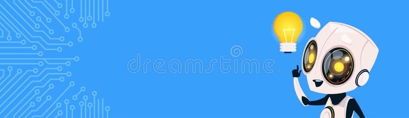 Cute Robot Hold Light Bulb Chat Bot Over Circuit Background Horizontal Bannner With Copy Space vector illustration