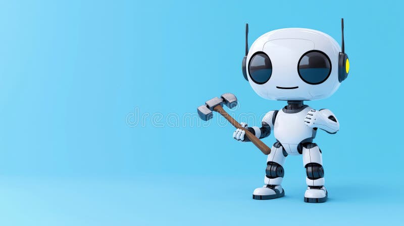 Cute robot holds hammer, pliers. Robot fixing website problem. Error 404 page not found message shown. Maintenance working on royalty free illustration