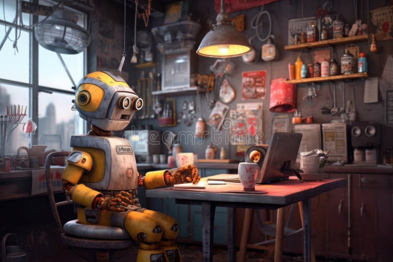Cute robot with a laptop taking orders in a cafe stock illustration