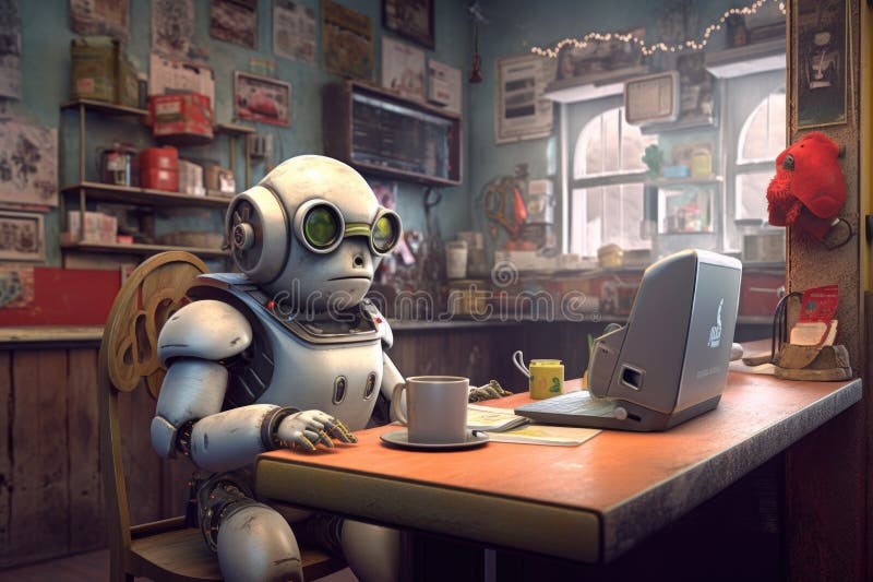 Cute robot with a laptop taking orders in a cafe vector illustration