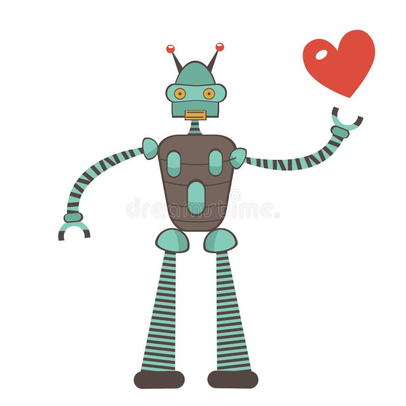 Cute robot in love holding heart stock illustration