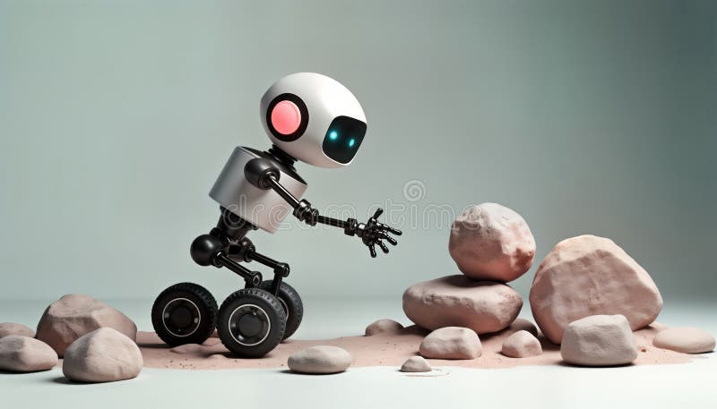 Cute robot navigates rocky terrain. AI-powered tech overcomes obstacle. Future innovation shown. Robotic automation. Quirky vector illustration