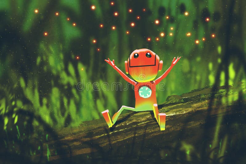 Cute robot playing with fireflies in forest at night royalty free illustration