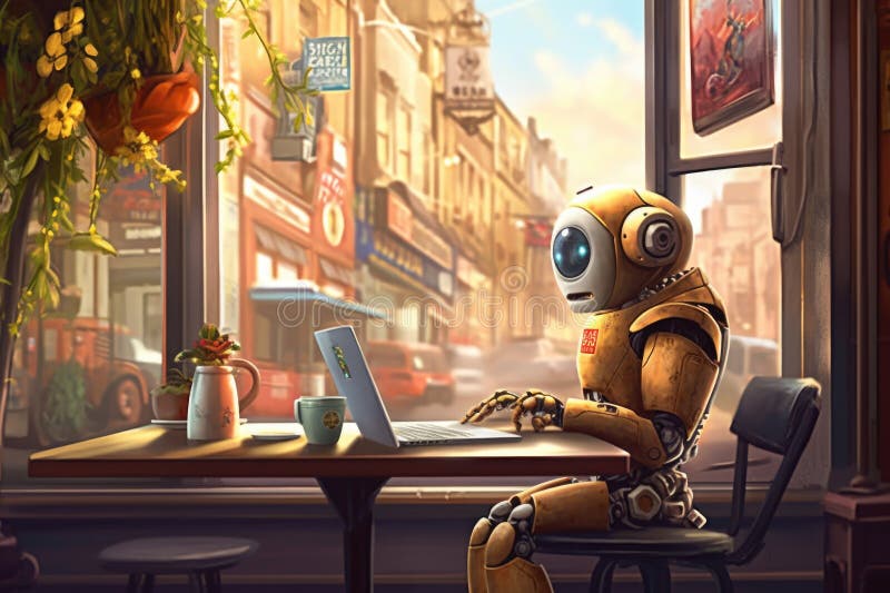 Cute robot sitting at a cafe table with a laptop royalty free illustration