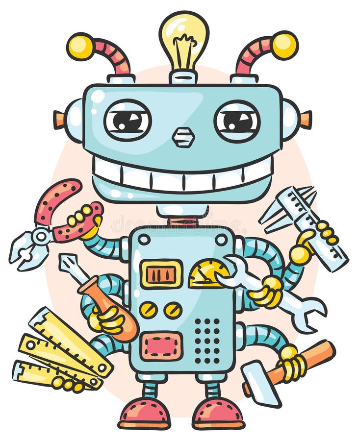 Cute robot with six hands holding different working tools vector illustration Cute robot with six hands holding different working tools vector illustration