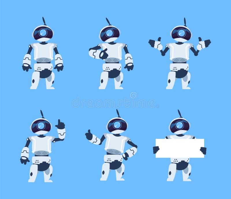 Cute robots. Cartoon android character set, futuristic machine with different poses. Vector isolated objects stock illustration