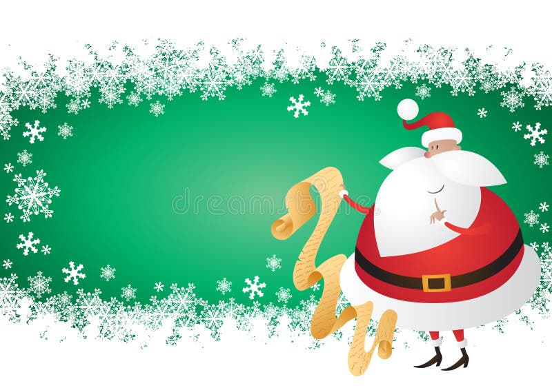 Cute Santa with List on a Snowflake Green Backgrou stock illustration