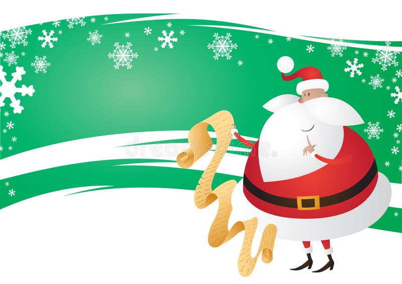 Cute Santa with List on a wavy festive Green Backg stock illustration