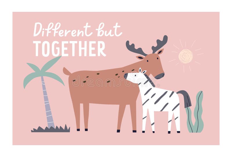 Design drăguț pentru copii scandinaviari. Zebra și prietenii lui Elk au o vedere în stil scandalos royalty free illustration