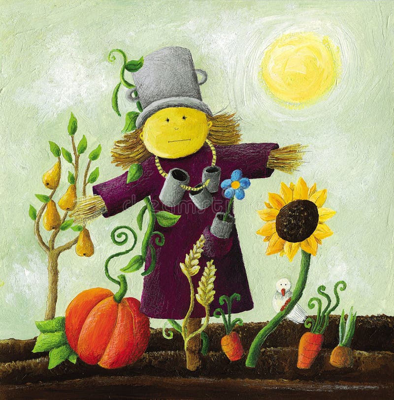 Cute Scarecrow on the field stock illustration Cute Scarecrow on the field stock illustration