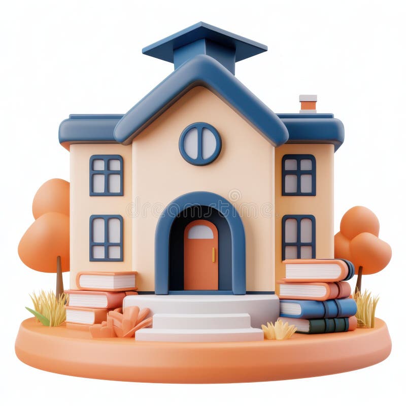 Cute School Building 3D Render Graduation Books Learning Education isolated on white background royalty free illustration