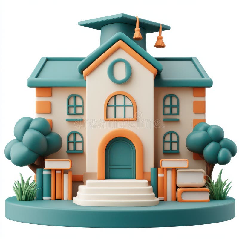 Cute School Building 3D Render Graduation Books Learning Education isolated on white background royalty free illustration