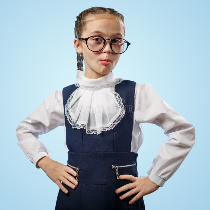 Cute Schoolgirl In Glasses Smile Implore Gesture