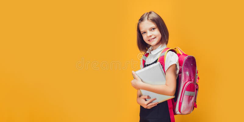 Cute Schoolgirl Preparing To Go To School With Backpack And Tablet Back To School Concept Stock 