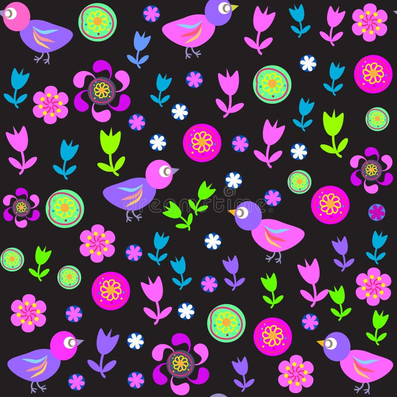 Cute seamless pattern with birds and flowers for t