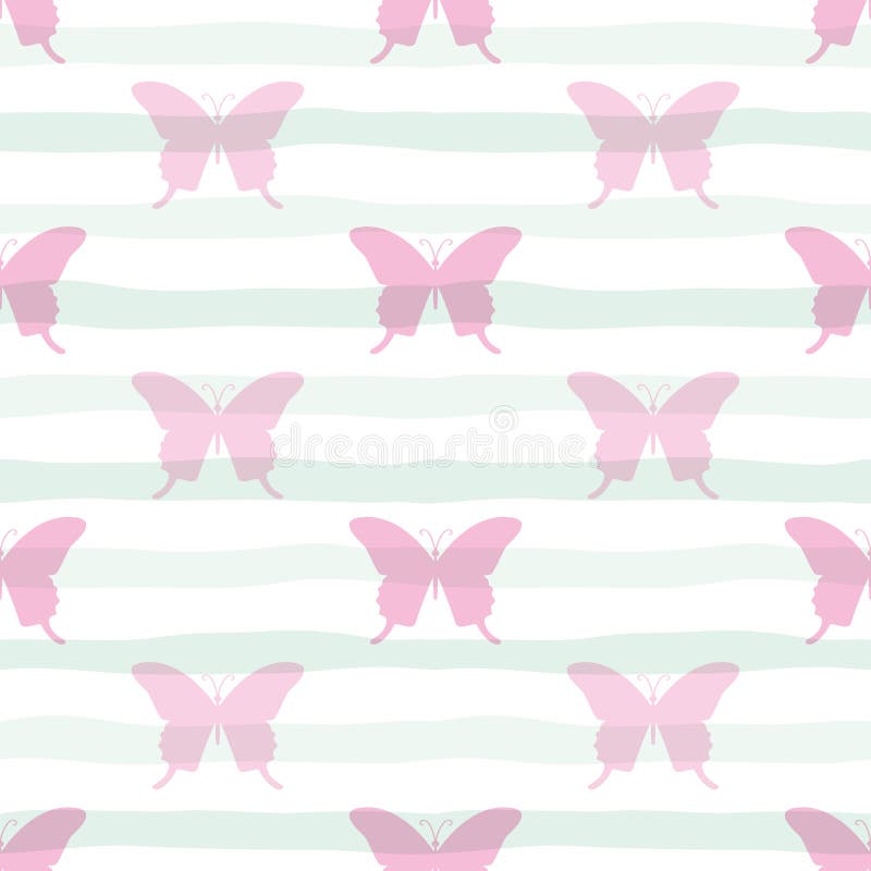 Cute seamless pattern with butterflies on stripped background. vector illustration