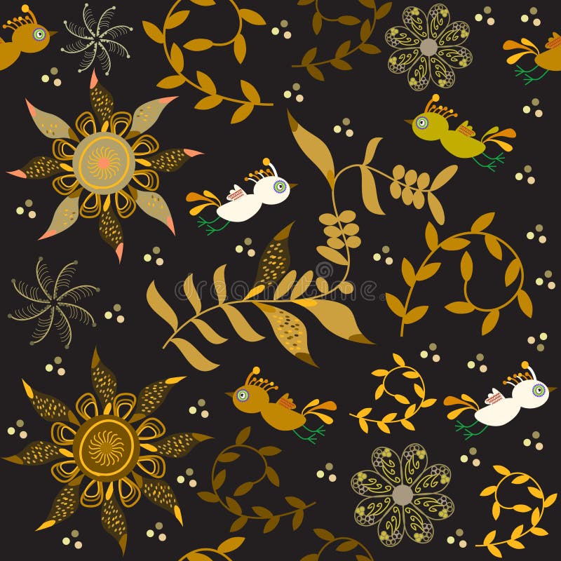 Cute seamless pattern with cartoon bird and flower