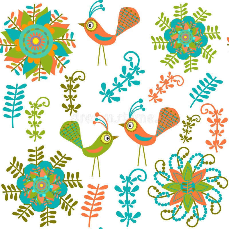 Cute vector seamless pattern with cartoon bird and