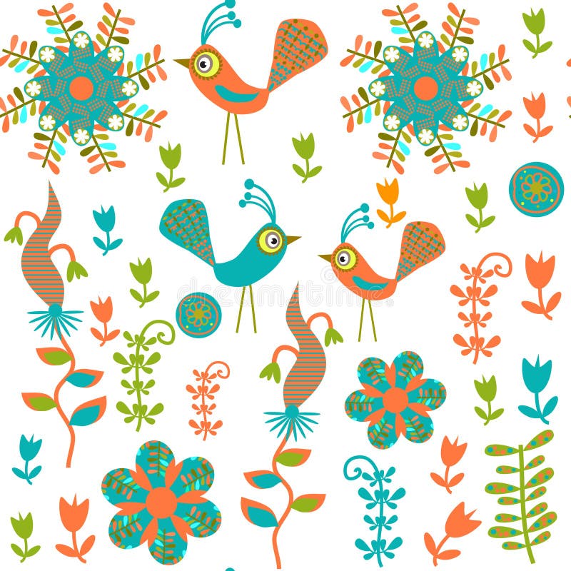 Cute seamless pattern with cartoon bird and flower