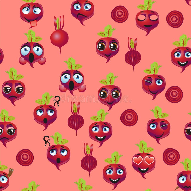 Cute Seamless Pattern with Cartoon Emoji Beetroot Stock Vector