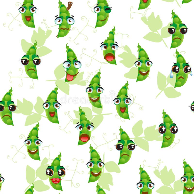 Cute Little Cartoon Emoji Green Peas in a Pod Isolated on White Stock