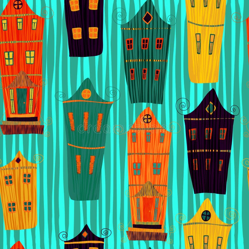 Cute seamless pattern with cartoon happy village houses. Retro home background pattern in vector vector illustration