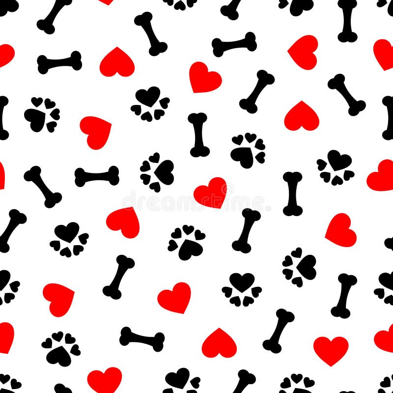 Cute seamless pattern with dog bone, paw print and red heart, transparent background stock illustration Cute seamless pattern with dog bone, paw print and red heart, transparent background stock illustration